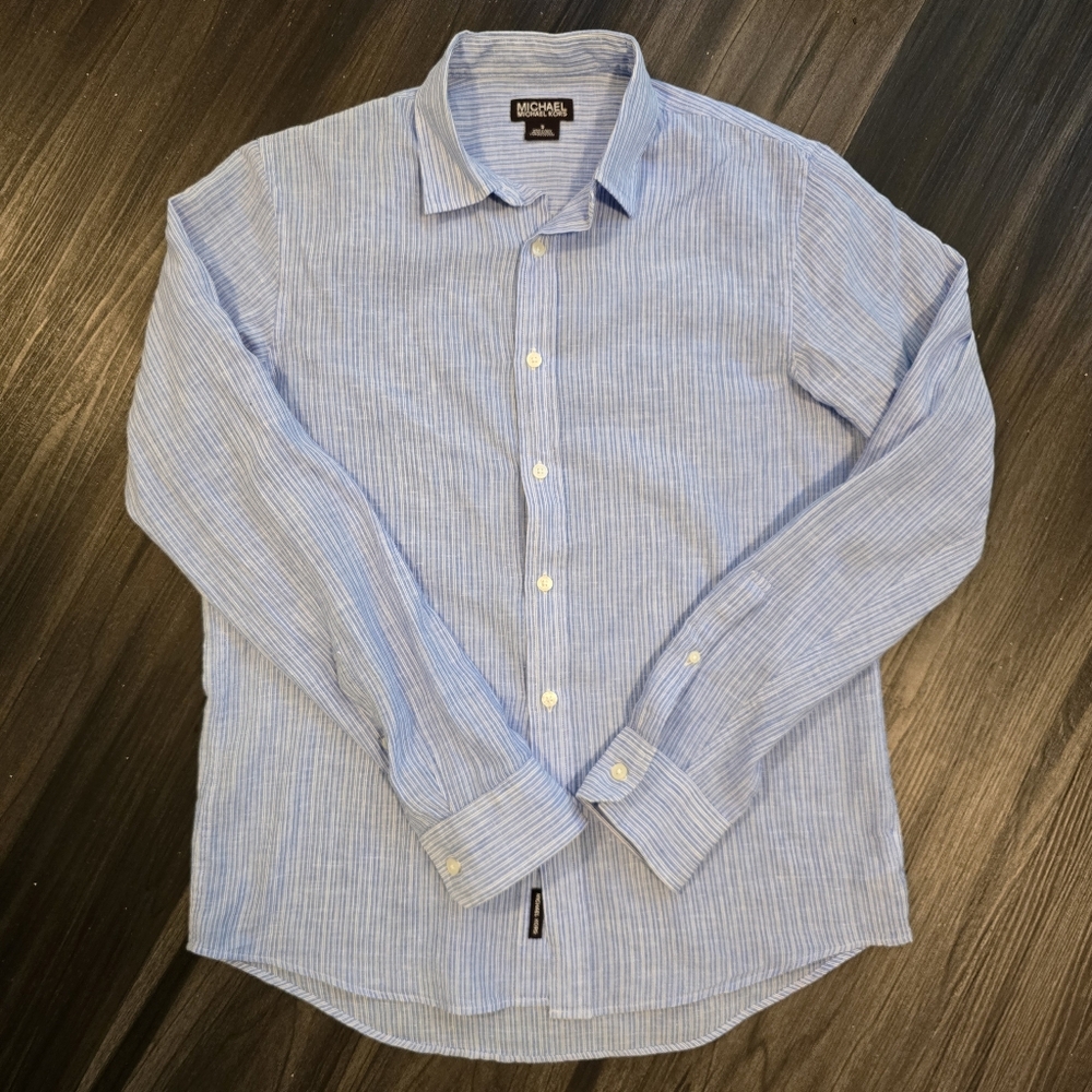 MICHAEL MICHAEL KORS Striped Linen Shirt, Blue/White, Size Small